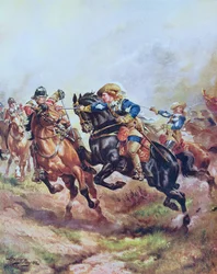 Kawaleria księcia Ruperta szarżująca pod Edgehill w 1642 roku, ilustracja z dzieła Hutchinsona „The Story of the British Nation”, około 1920